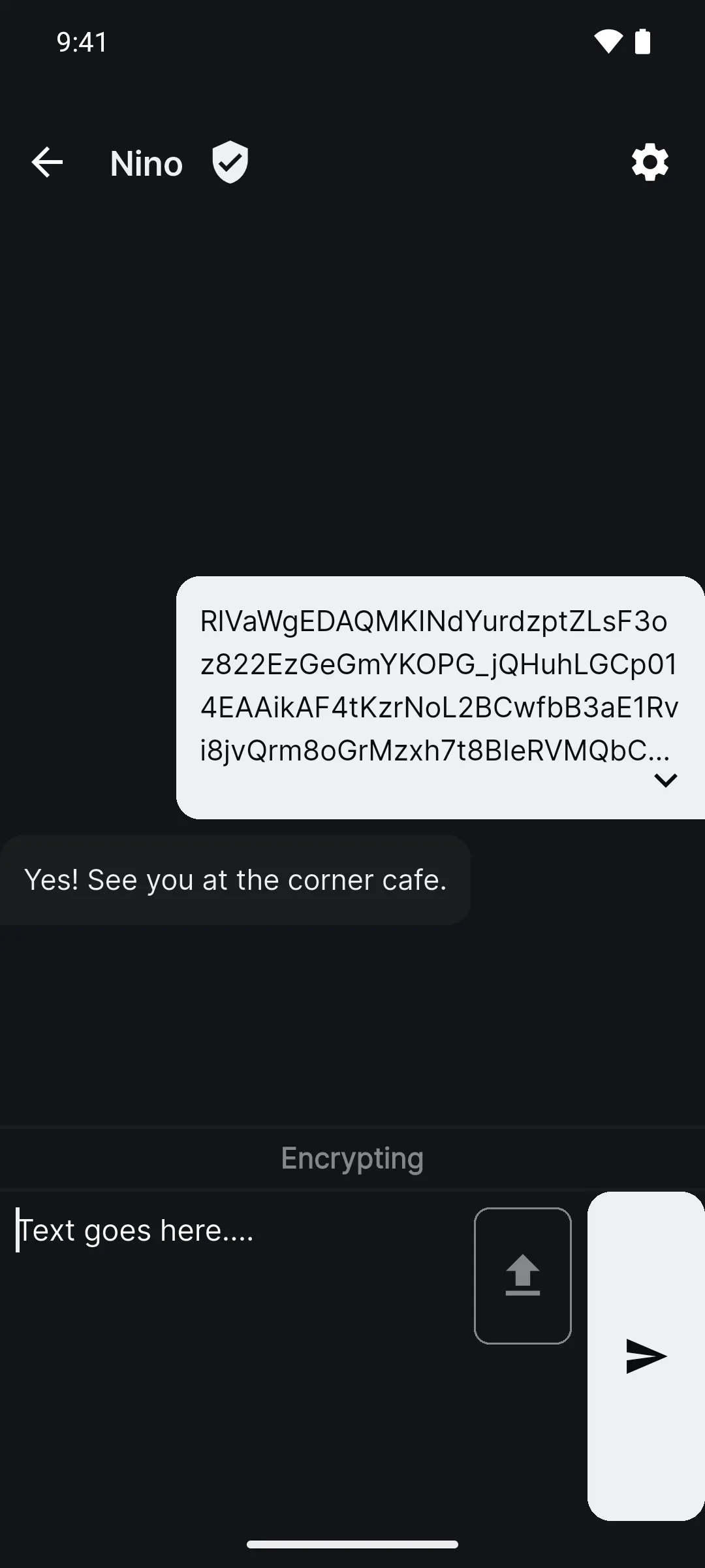 A verified chat with Nino in Fuzzzy Ink: a sent fuzzed message and the reply 'Yes! See you at the corner cafe.'