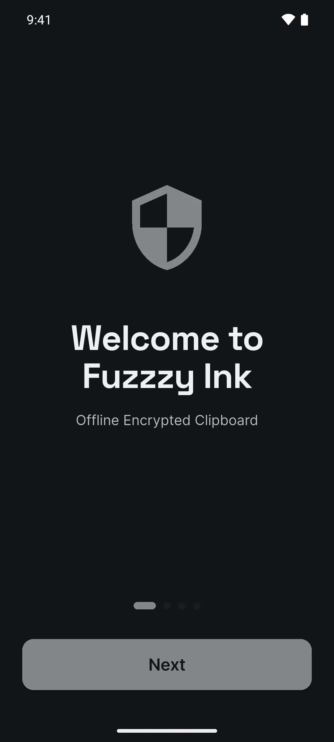 The first intro screen, "Welcome to Fuzzzy Ink", with the Next button.