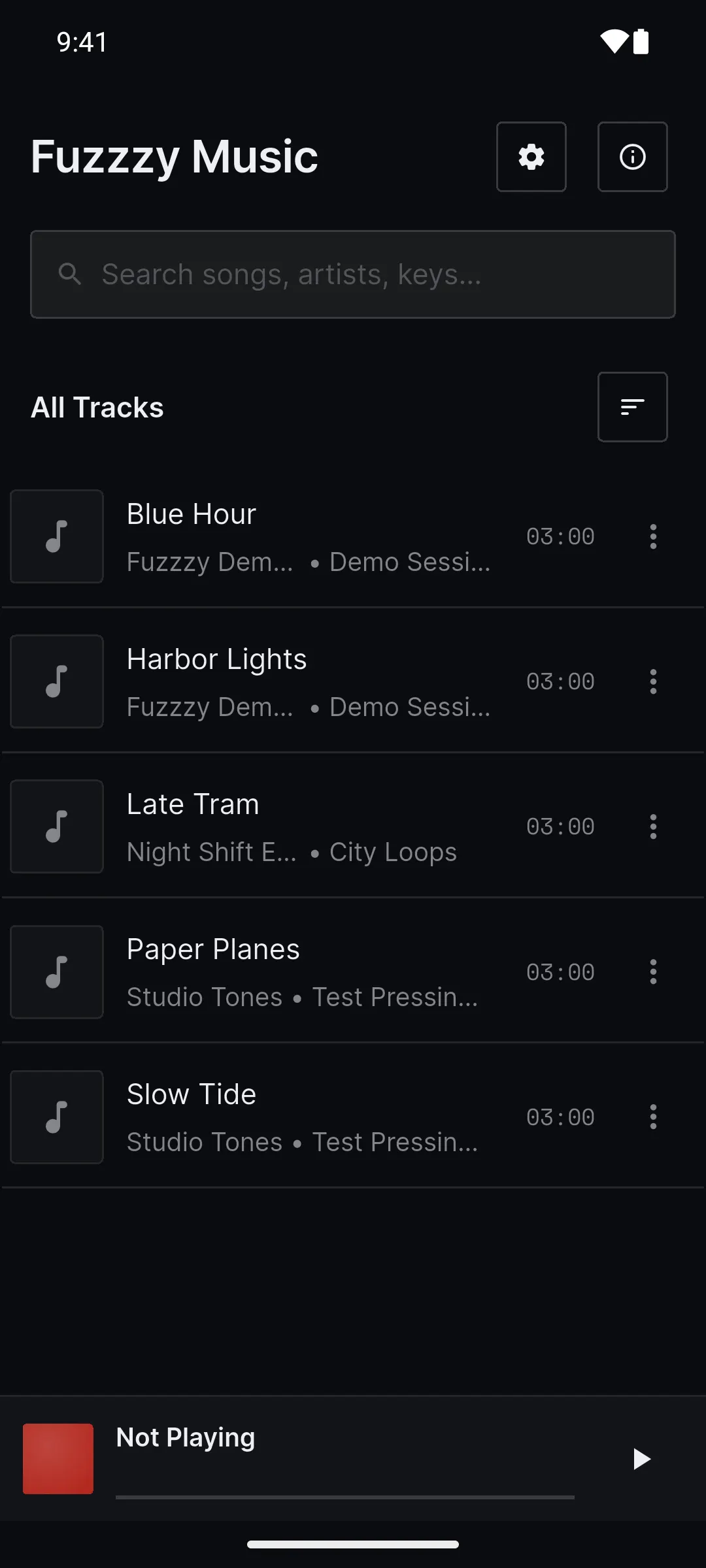 The All Tracks library listing five songs, with the mini-player reading Not Playing.