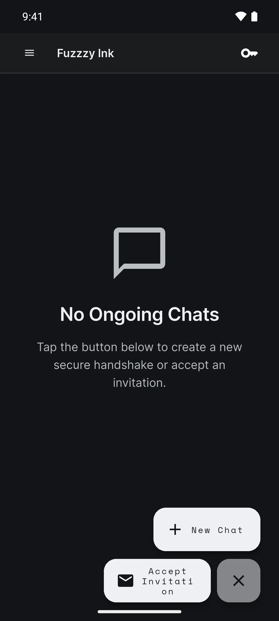 The empty chat list with the round button opened, showing New Chat and Accept Invitation.