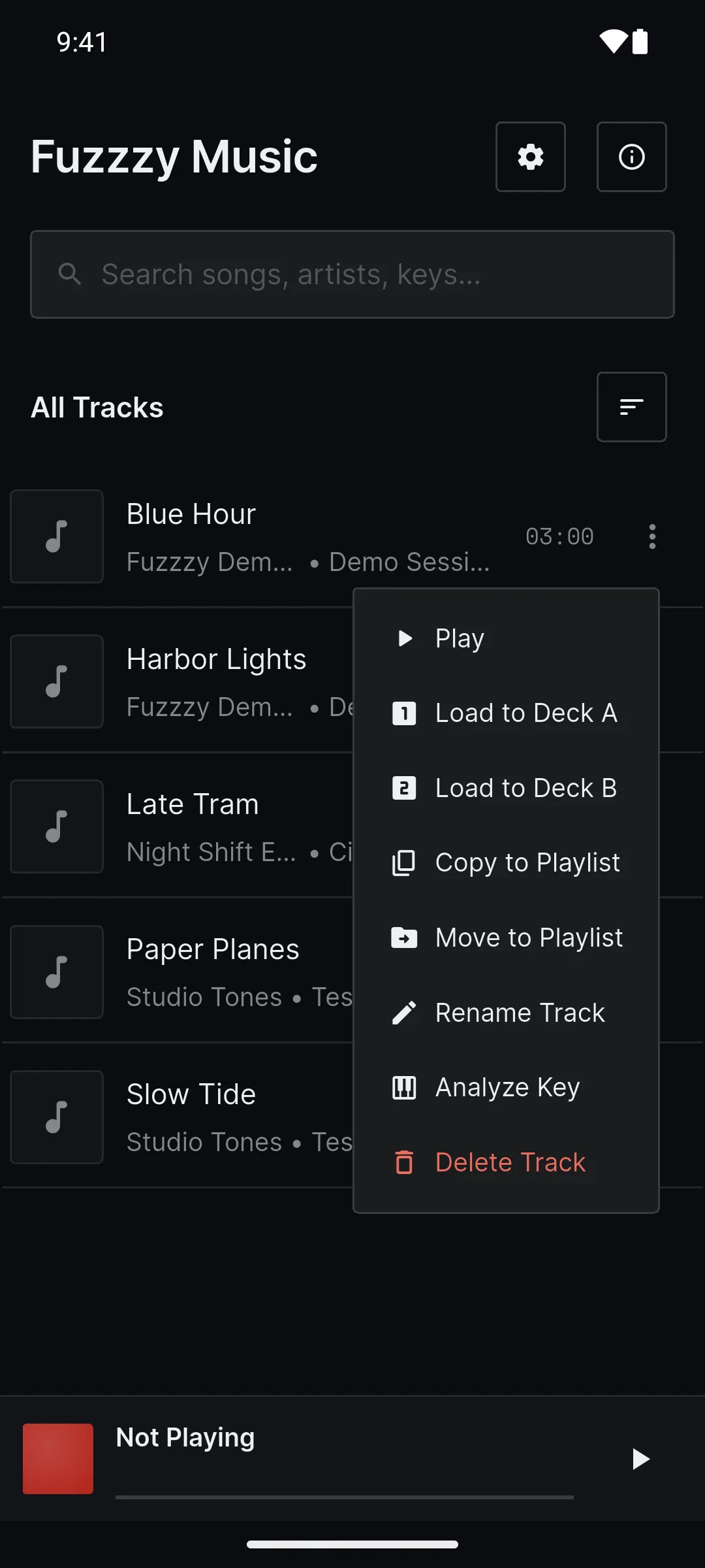 The track menu for Blue Hour, showing Load to Deck A and Load to Deck B.