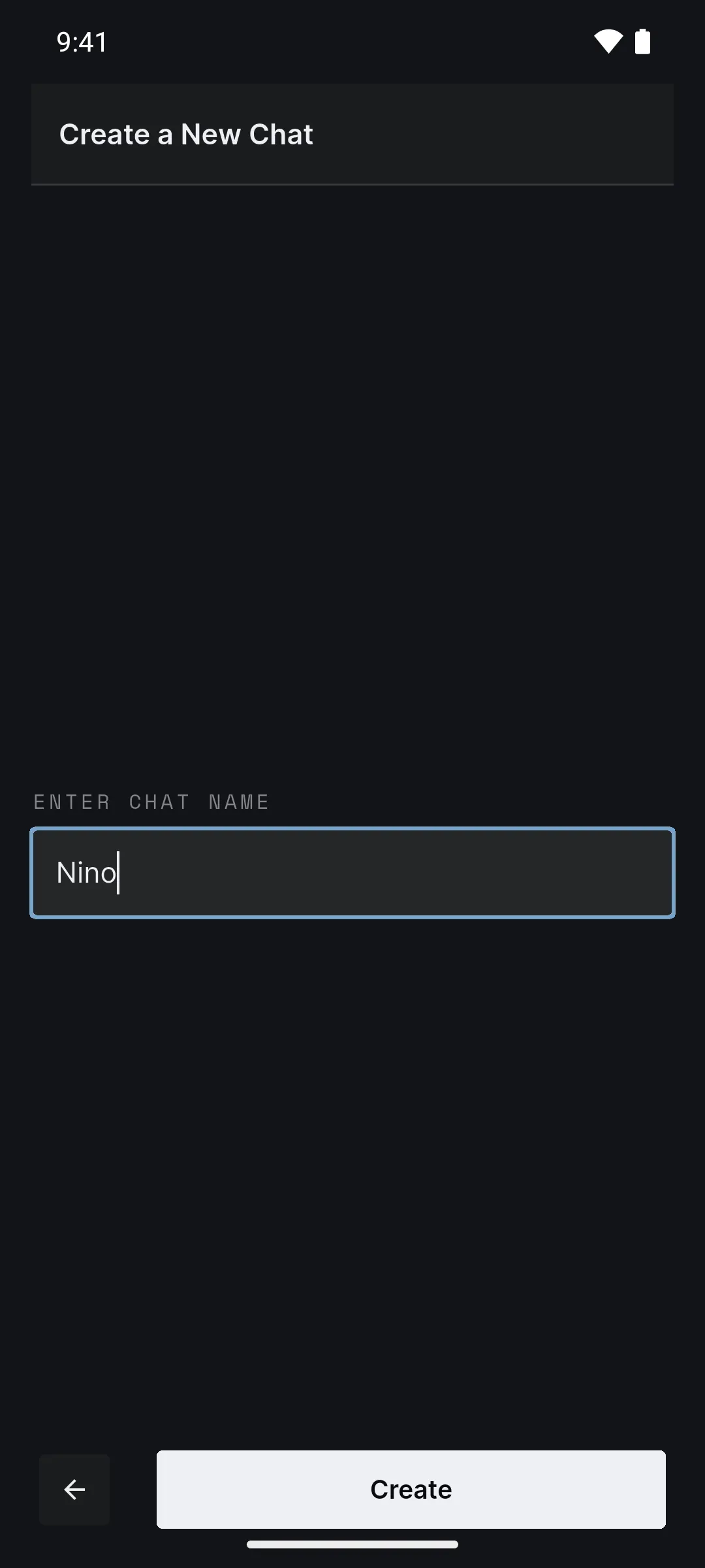 The Create a New Chat screen with the name Nino typed in.