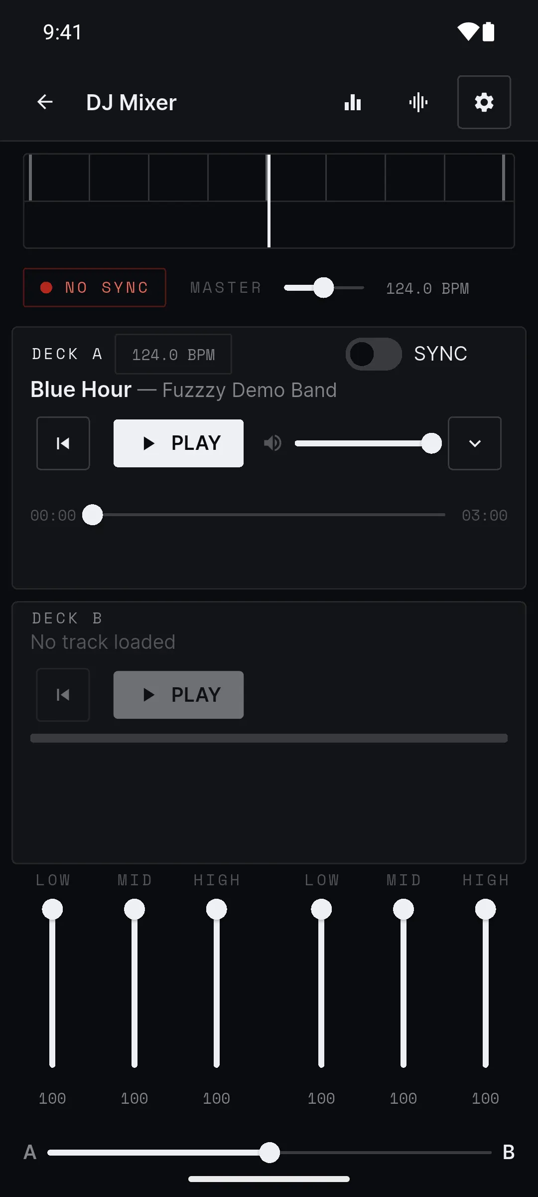 The DJ Mixer just after loading: Blue Hour on Deck A at 124 BPM, Deck B still empty.
