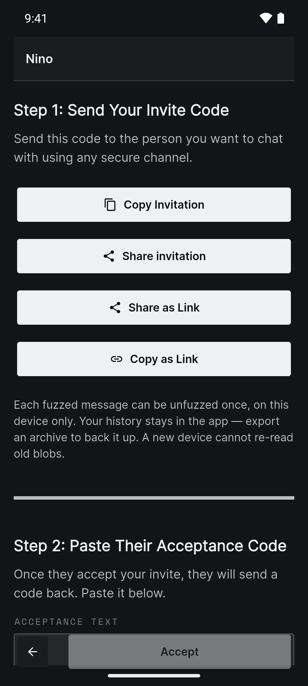 The new chat with Nino, offering Copy Invitation, Share invitation, Share as Link and Copy as Link.