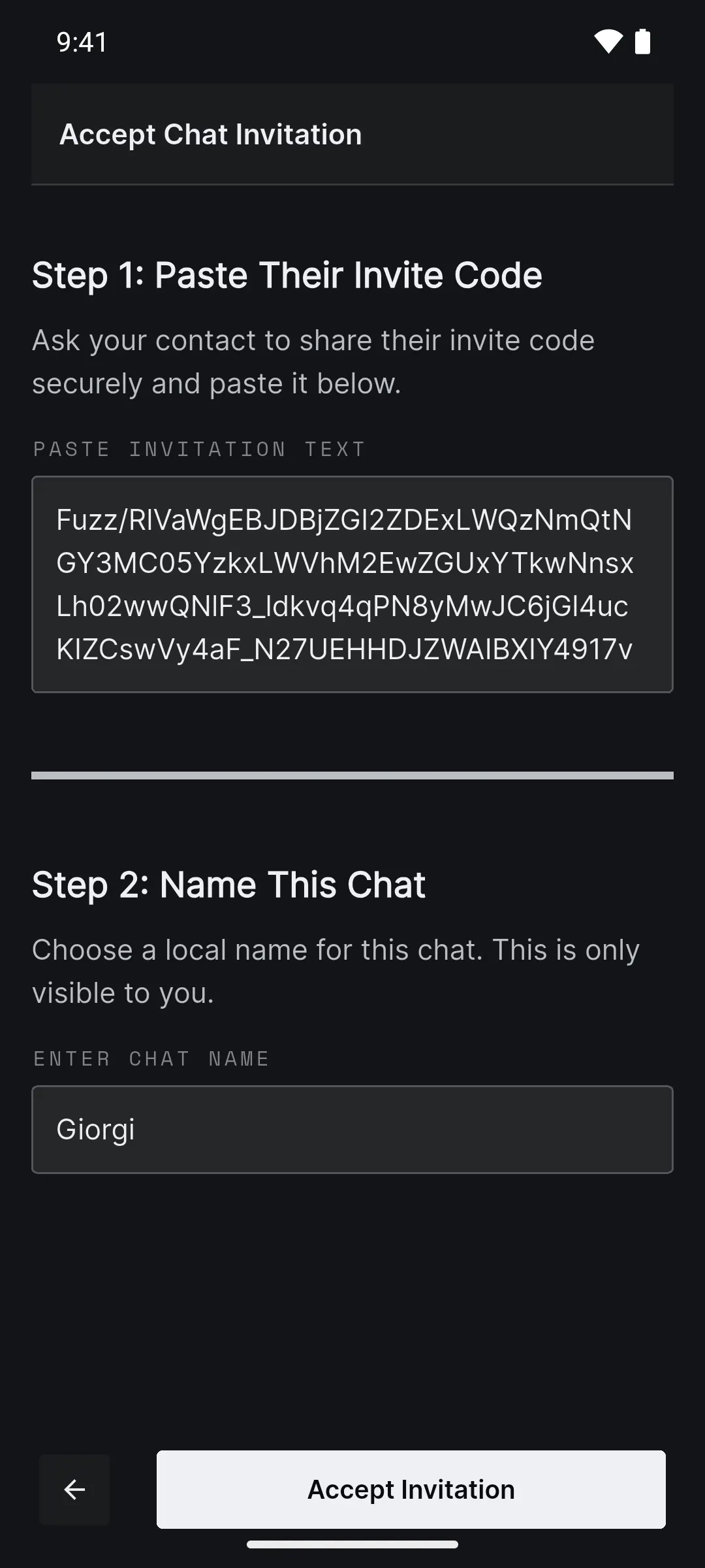 On the friend's phone: Accept Chat Invitation with the invite code pasted, the chat named Giorgi and the Accept Invitation button.