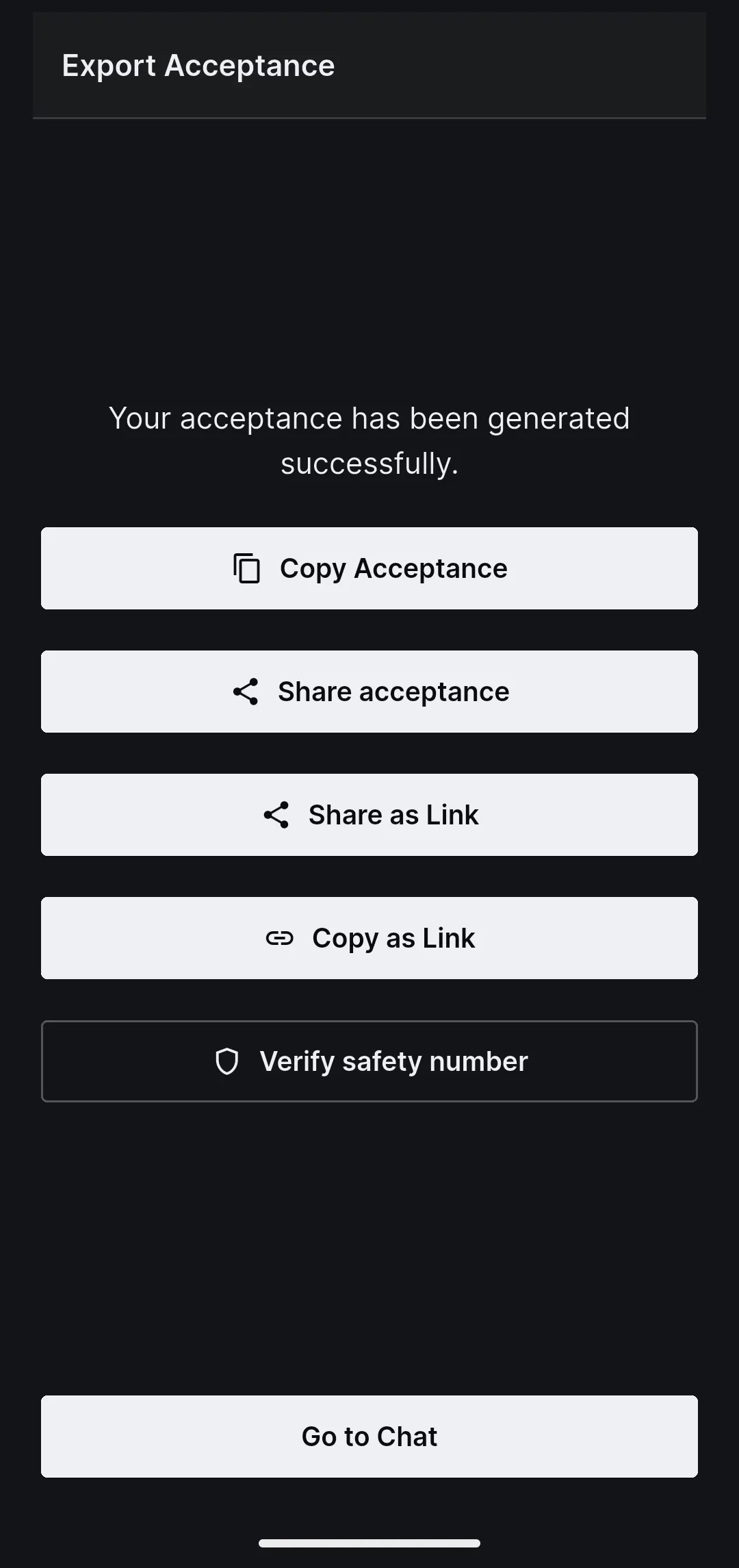 The friend's phone after accepting, with Copy Acceptance, Share acceptance, Verify safety number and Go to Chat.