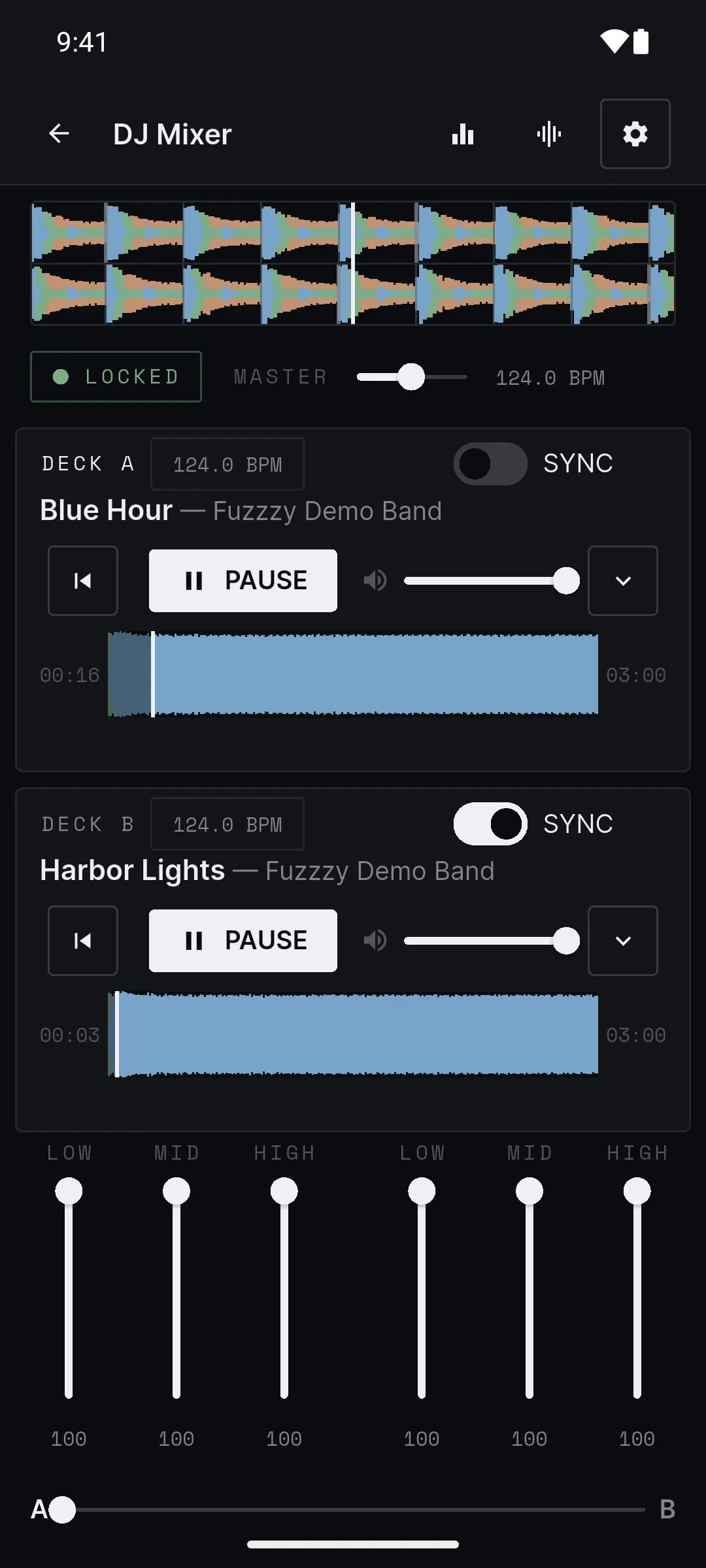 Both decks playing with SYNC on for Deck B and the badge reading LOCKED at 124 BPM.