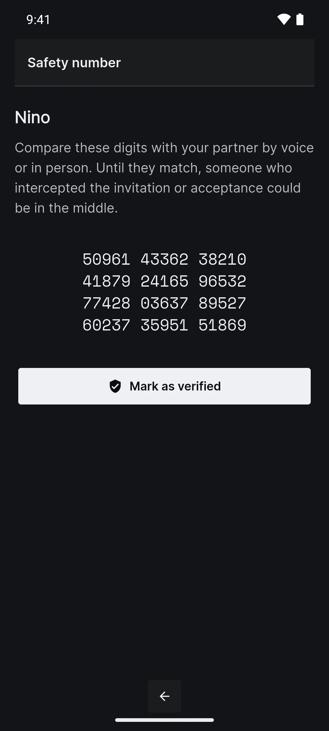 The safety number screen for the chat with Nino, with the Mark as verified button.