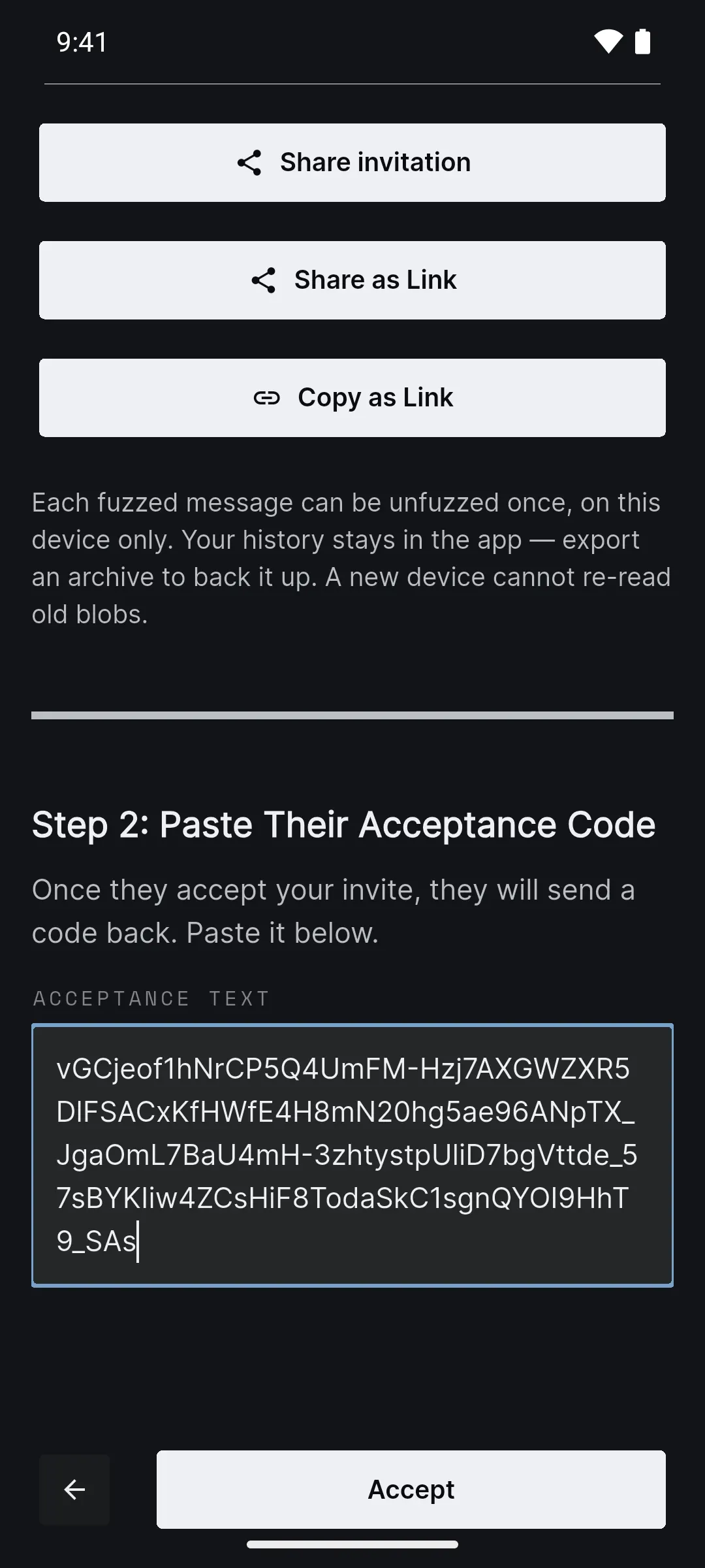The waiting chat with the friend's code pasted into Acceptance Text, above the Accept button.